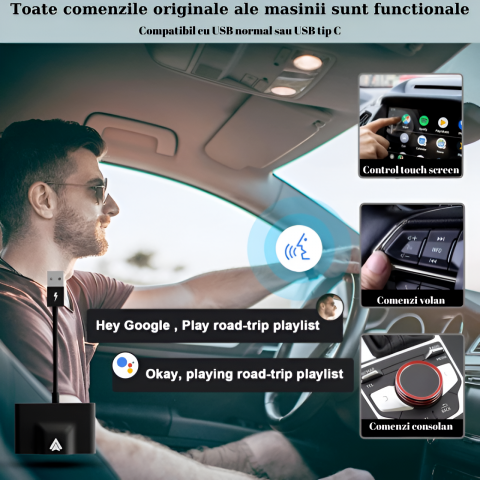 Modulator Android Auto Wireless HASEPE, USB si Type C, Plug & Play, Conectare Automata, Compatibil Android 11+, WiFi 5Ghz, Control Vocal, Compact Negru [3]