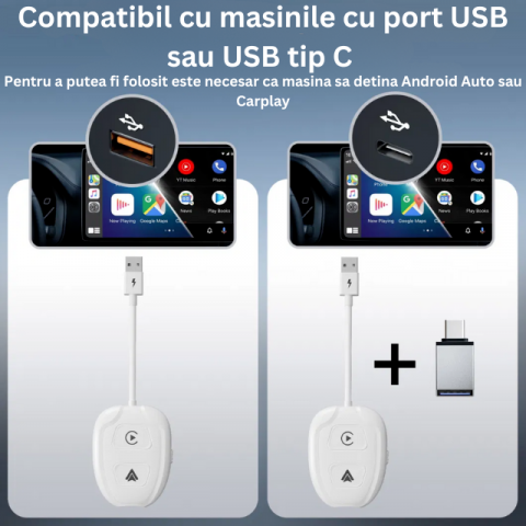 Modulator CarPlay si Android Auto Wireless HASEPE, Adaptor Smart USB si USB-C Plug & Play, Conectare Automata, Compatibil iPhone si Android, Consum Redus de Energie, Multifunctional, Alb Premium [5]