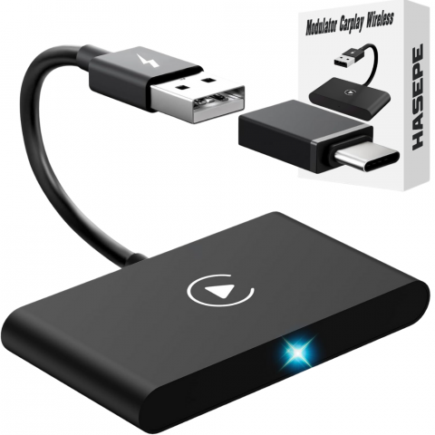 Accesorii electronice auto - Modulator CarPlay Wireless HASEPE, USB/USB-C, Reconectare Automata, Siri, GPS Online, Muzica si Mesaje, Compatibil iOS 10+, Conexiune WiFi 5GHz, Design Compact Negru