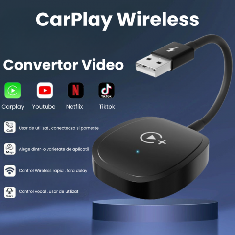 Modulator CarPlay Wireless HASEPE, Adaptor Auto USB/USB-C, Reconectare Automata, Streaming Netflix/YouTube/TikTok, Compatibil iPhone, Multifunctional, Design Compact Negru [1]