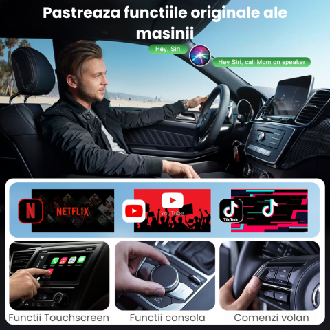 Modulator CarPlay Wireless HASEPE, Adaptor Auto USB/USB-C, Reconectare Automata, Streaming Netflix/YouTube/TikTok, Compatibil iPhone, Multifunctional, Design Compact Negru [4]
