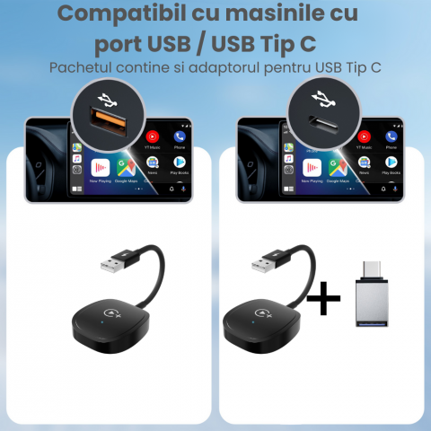 Modulator CarPlay Wireless HASEPE, Adaptor Auto USB/USB-C, Reconectare Automata, Streaming Netflix/YouTube/TikTok, Compatibil iPhone, Multifunctional, Design Compact Negru [5]