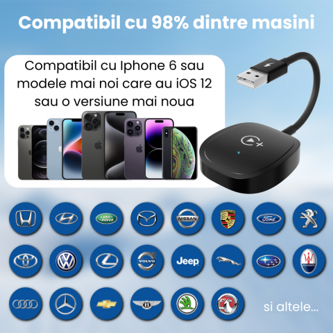 Modulator CarPlay Wireless HASEPE, Adaptor Auto USB/USB-C, Reconectare Automata, Streaming Netflix/YouTube/TikTok, Compatibil iPhone, Multifunctional, Design Compact Negru [7]