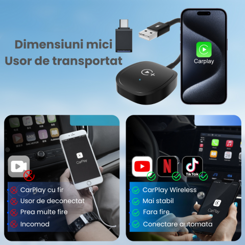 Modulator CarPlay Wireless HASEPE, Adaptor Auto USB/USB-C, Reconectare Automata, Streaming Netflix/YouTube/TikTok, Compatibil iPhone, Multifunctional, Design Compact Negru [6]