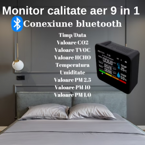 Monitor portabil masurare calitate aer 9 in 1 HASEPE®, ecran 2,8 inch, detector CO2 dioxid de carbon, TVOC compusi volatili, HCHO formaldehida, concentratie poluanti PM1,0, PM2,5, PM10, temperatura si [3]