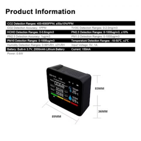 Monitor portabil masurare calitate aer 9 in 1 HASEPE®, ecran 2,8 inch, detector CO2 dioxid de carbon, TVOC compusi volatili, HCHO formaldehida, concentratie poluanti PM1,0, PM2,5, PM10, temperatura si [5]