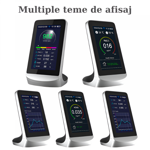 Monitor portabil masurare calitate aer cu 8 functii si control wifi, ecran 4,3 inch, detector CO2 dioxid de carbon, TVOC compusi volatili, HCHO formaldehida, concentratie poluanti PM1,0, PM2,5, temper [2]