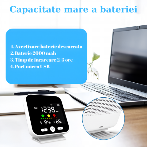 Monitor calitate aer portabil HASEPE, detector CO2 cu senzor NDIR de inalta precizie, masurare temperatura si umiditate, alarma 1000 PPM, afisaj LED, baterie reincarcabila 2000 mAh, alb [5]