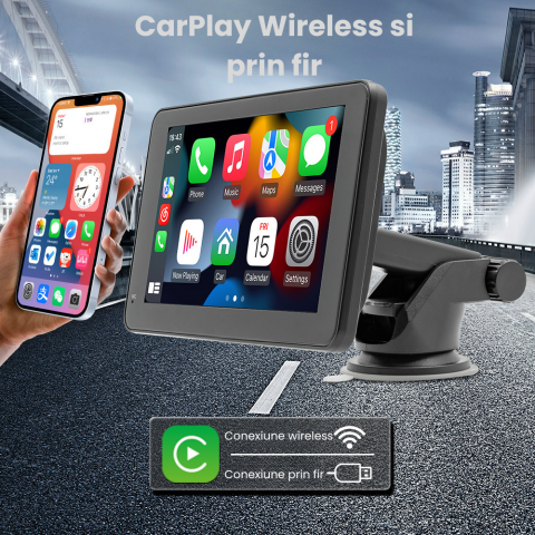Navigatie Auto HASEPE cu Display 7 inch, CarPlay Wireless, Android Auto Wireless, Bluetooth, MirrorLink, Tableta Masina Touchscreen, Compatibil Universal, Negru [2]