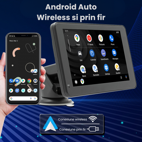 Navigatie Auto HASEPE cu Display 7 inch, CarPlay Wireless, Android Auto Wireless, Bluetooth, MirrorLink, Tableta Masina Touchscreen, Compatibil Universal, Negru [3]