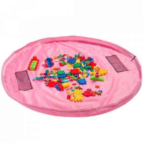 Jucarii, Copii & Bebe - Organizator Jucarii HASEPE, Covoras de Joaca Rotund 2 in 1 cu Sacosa si Snur Retractabil, Diametru 150 cm, Depozitare Rapida, Portabil, Multifunctional, Roz, Poliester Rezistent