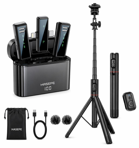 Pachet Creator Continut HASEPE, 2 Microfoane Lavaliera Wireless cu Reducere Zgomot DSP + Trepied Telescopic 180cm cu Telecomanda Bluetooth, Pentru Vlog, Live, Podcast [0]