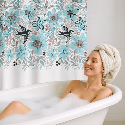 Perdea de dus HASEPE 180x180 cm, Model Flori si Randunele, Rezistenta la Apa, Usor de Curatat, 12 Inele pentru Prindere, Design Modern pentru Baie Eleganta si Protectie Impotriva Stropilor [3]