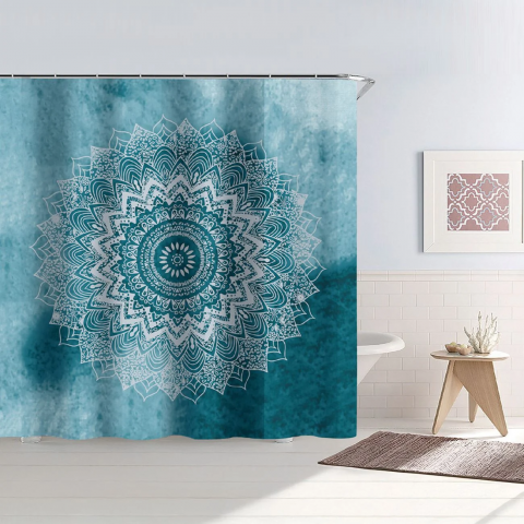 Suporturi si accesorii de baie - Perdea de Dus HASEPE, PEVA Impermeabila si Antimucegai, Usor de Curatat, Model Mandala Albastru, Design Modern, Include 12 Inele pentru Montaj Rapid, Protectie Stropi, Dimensiune 180x180 cm