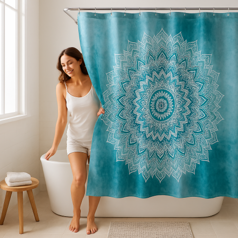 Perdea de Dus HASEPE, PEVA Impermeabila si Antimucegai, Usor de Curatat, Model Mandala Albastru, Design Modern, Include 12 Inele pentru Montaj Rapid, Protectie Stropi, Dimensiune 180x180 cm [3]