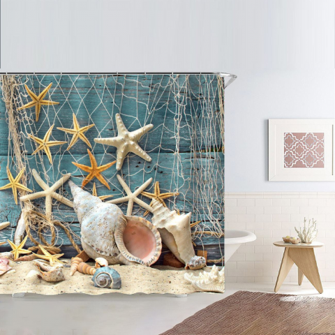Suporturi si accesorii de baie - Perdea de Dus HASEPE, Model Marin cu Stele de Mare, Scoici si Plasa, PEVA Impermeabila si Antimucegai, Usor de Curatat, 12 Inele pentru Montaj Rapid, Dimensiune 180x180 cm, Turcoaz