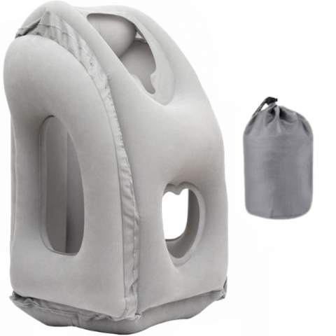 Perna de Calatorie Gonflabila HASEPE, pentru Avion, Autobuz, Masina, Ergonomica, Orificiu Respiratie, Evita Dureri Gat si Umeri, Moale, Compacta, Portabila cu Husa, 32x40x55 cm, Gri [0]