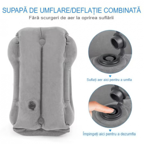 Perna de Calatorie Gonflabila HASEPE, pentru Avion, Autobuz, Masina, Design Ergonomic 45°, Evita Dureri Gat si Umeri, Sustine Capul si Lombarul, Moale, Portabila cu Husa, 30x35x50 cm, Gri [1]