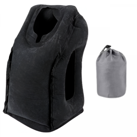 Perna de Calatorie Gonflabila HASEPE, Neagra, pentru Avion, Autobuz, Masina, Design Ergonomic 45°, Sustine Capul, Gatul si Zona Lombara, Evita Durerile, Compacta si Portabila, 32x40x55 cm