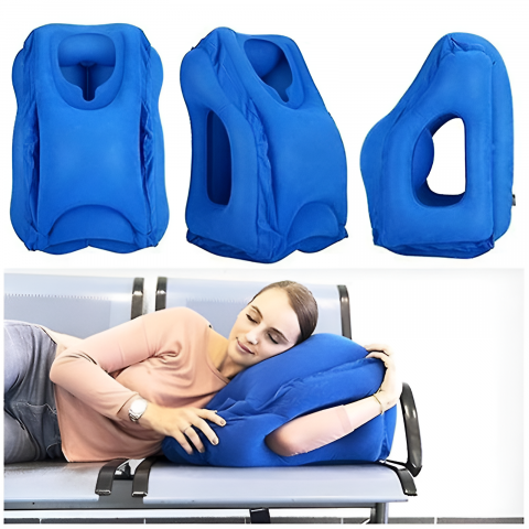 Perna de Calatorie Gonflabila HASEPE, pentru Avion, Autobuz, Masina, Design Ergonomic 45°, Evita Durerile de Gat si Umeri, Sustine Capul si Zona Lombara, Moale, Compacta, 32x40x55 cm, Albastru [4]