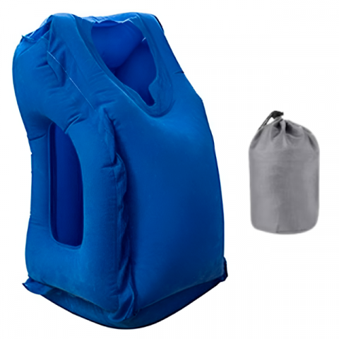 Perna de Calatorie Gonflabila HASEPE, pentru Avion, Autobuz, Masina, Design Ergonomic 45°, Evita Durerile de Gat si Umeri, Sustine Capul si Zona Lombara, Moale, Compacta, 32x40x55 cm, Albastru [0]