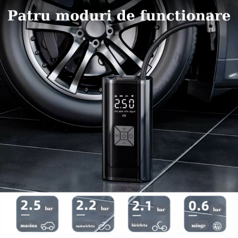 Pompa Aer Auto Electrica HASEPE, Compresor Portabil 150 PSI (10.3 bar), Afisaj Digital LCD, Lanterna LED, Baterie 4500 mAh, Reincarcare USB-C sau la Bricheta, Oprire Automata, 4 Moduri Umflare, Negru [6]