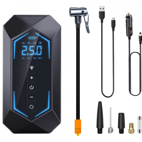 Pompe de umflat - Pompa Aer Auto Electrica HASEPE2, Compresor Portabil 150 PSI (10.3 bar), Afisaj Digital LCD, Umflare Rapida 70L/min, Baterie 5400 mAh, Incarcare Telefon, Lanterna LED, Reincarcare USB/Priza Auto, Negr