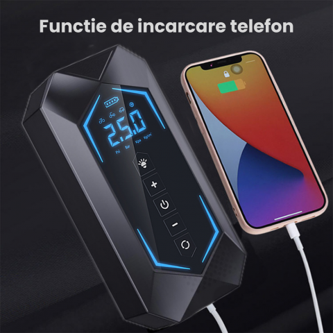 Pompa Aer Auto Electrica HASEPE2, Compresor Portabil 150 PSI (10.3 bar), Afisaj Digital LCD, Umflare Rapida 70L/min, Baterie 5400 mAh, Incarcare Telefon, Lanterna LED, Reincarcare USB/Priza Auto, Negr [1]
