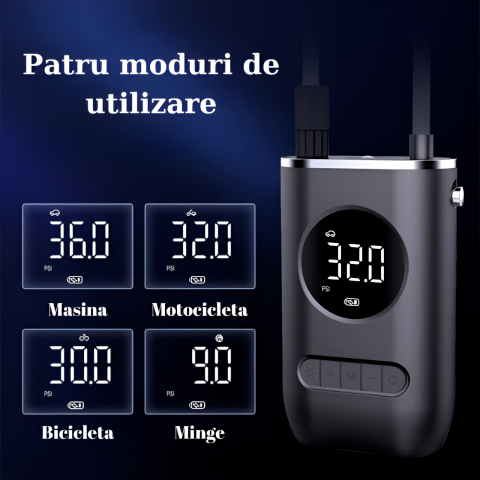 Pompa aer auto electrica Home Sweet Paradise®, afisaj digital LCD, Lanterna LED, Portabila, Reincarcare USB, baterie 4000 mAh, Manometru digital, 10,3 bar, Negru [1]
