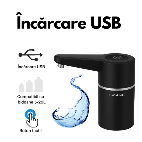 Pompa electrica apa pentru bidon HASEPE, Dozator electric apa si Aparat portabil, Incarcare USB, Baterie 1200 mAh, Lumina LED, Umplere rapida, Compatibil cu bidoane 5L/10L/15L, Silicon PP Rezistent, D [13]