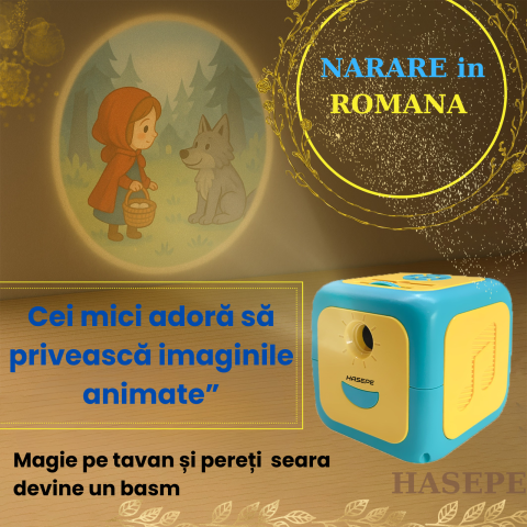 Proiector Povesti HASEPE® Cu Narare In Limba Romana, Proiector Povesti Cu 8 Discuri Si 8 Melodii Leagan, Lampa Veghe Copii, Cub Proiector Povesti Pentru Tavan Sau Perete, Joc Educativ Interactiv [7]