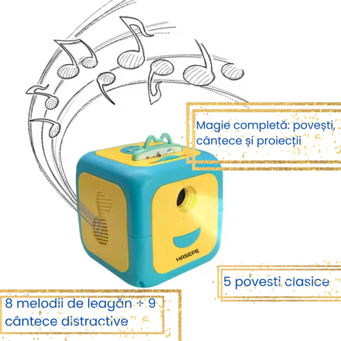 Proiector de Povesti pentru Copii HASEPE, Cub Interactiv cu Narare in Limba Romana, 8 Discuri cu Povesti, Alfabet, Forme si Numere, Proiectie pe Perete sau Tavan, Cantece si Melodii de Leagan, Verde/G [8]
