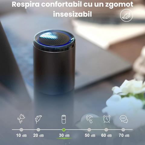 Purificator Aer Auto Portabil HASEPE, Filtru HEPA si Carbune Activ, Sterilizare UV-C, Eliminare Mirosuri, Polen si Fum, 3 Trepte Filtrare, Aromaterapie, Silentios, USB, Acoperire 10m², Gri [2]