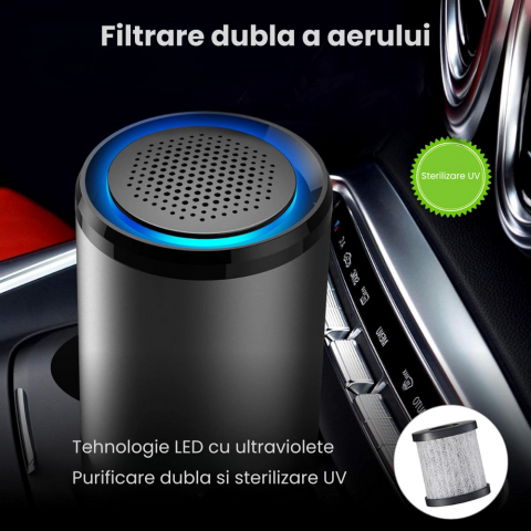 Purificator Aer Auto Portabil HASEPE, Filtru HEPA si Carbune Activ, Sterilizare UV-C, Eliminare Mirosuri, Polen si Fum, 3 Trepte Filtrare, Aromaterapie, Silentios, USB, Acoperire 10m², Gri [3]