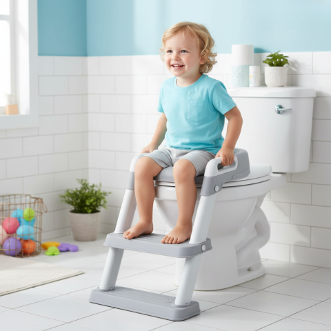 Igiena si ingrijire - Reductor WC copii cu scarita HASEPE, pliabil, cu trepte si manere antiderapante, sezut moale PU pentru confort sporit, sigur si usor de depozitat