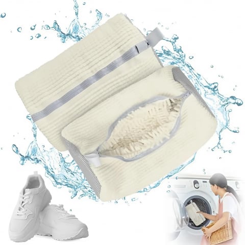 Accesorii uscatoare rufe - Sac Spalat Incaltaminte HASEPE, Protectie Pantofi in Masina de Spalat, Fibra Moale, Material Rezistent, Fermoar Premium, 39x19 cm, Alb