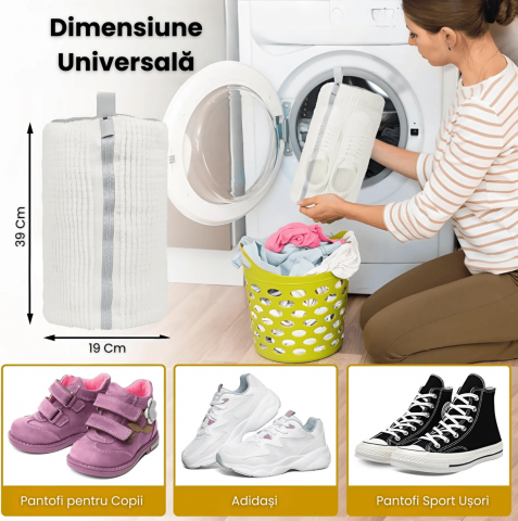 Sac Spalat Incaltaminte HASEPE, Protectie Pantofi in Masina de Spalat, Fibra Moale, Material Rezistent, Fermoar Premium, 39x19 cm, Alb [2]