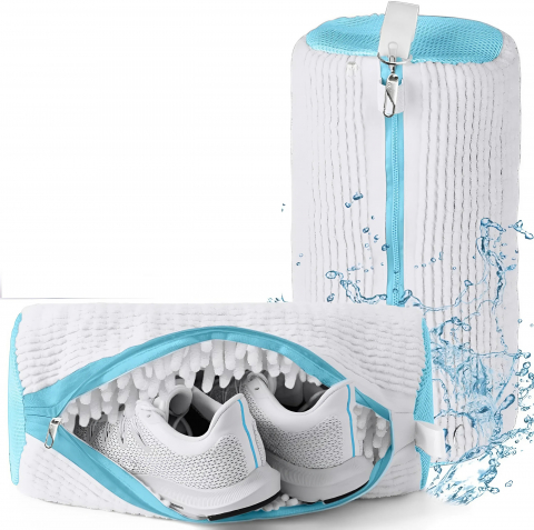 Accesorii uscatoare rufe - Sac Spalat Incaltaminte HASEPE pentru Masina de Spalat, Protectie Pantofi, Fibra Moale, Material Rezistent, Fermoar Premium, 39x19 cm, Alb/Albastru