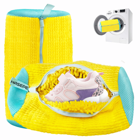 Accesorii uscatoare rufe - Sac Spalat Incaltaminte HASEPE pentru Masina de Spalat, Protectie Pantofi, Fibra Moale, Material Rezistent, Fermoar Premium, 39x19 cm, Galben/Albastru