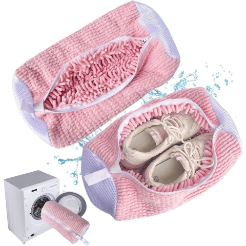 Accesorii uscatoare rufe - Sac Spalat Incaltaminte HASEPE pentru Masina de Spalat, Protectie Pantofi, Fibra Moale, Material Rezistent, Fermoar Premium, 39x19 cm, Roz