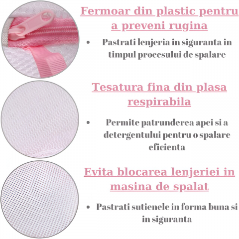 Saculet pentru spalat lenjerie intima Home Sweet Paradise, plasa dubla protectie, fermoar rezistent, reutilizabil, pentru masina de spalat si uscator, 17x16 cm, alb roz [2]