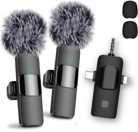 Microfoane - Set 2 Microfoane Lavaliera Wireless Profesionale HASEPE, Compatibile iPhone, Android, Laptop, Tableta, Reducere Zgomot, Type C, Lightning, Jack, Reincarcabile, Live Streaming, 2.4 GHz