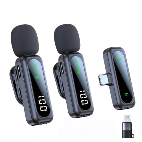 Microfoane - Set 2 Microfoane Lavaliera Wireless HASEPE cu Afisaj Digital, Anulare Zgomot 360, Raza 30m, 4 Moduri Sunet, Compatibile iPhone, Android, PC, iPad, Tableta, Autonomie 14h