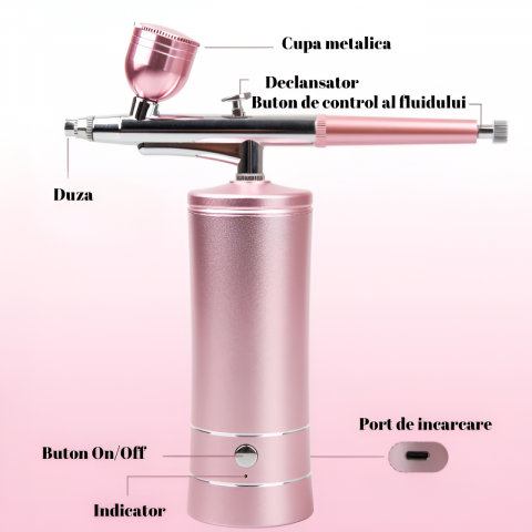 Set Aerograf Airbrush Portabil cu Compresor HASEPE, Fara Fir, Duza 0.3mm, Reincarcabil USB, pentru Manichiura, Pictura, Tatuaje, Ornare Torturi, Roz [8]