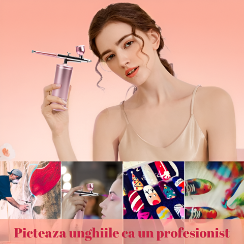 Set Aerograf Airbrush Portabil cu Compresor HASEPE, Fara Fir, Duza 0.3mm, Reincarcabil USB, pentru Manichiura, Pictura, Tatuaje, Ornare Torturi, Roz [6]