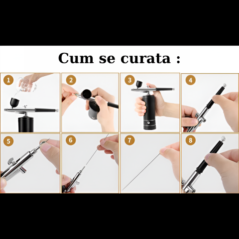 Set Aerograf Airbrush Portabil cu Compresor si Furtun Detasabil HASEPE, Duza 0.3mm, Reincarcabil USB, pentru Manichiura, Pictura, Tatuaje, Ornare Torturi, Negru [6]