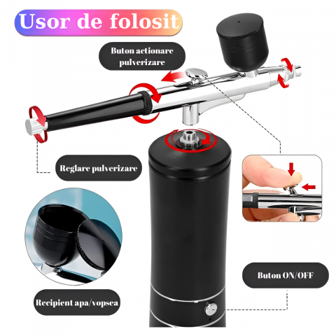 Set Aerograf Airbrush Portabil cu Compresor si Furtun Detasabil HASEPE, Duza 0.3mm, Reincarcabil USB, pentru Manichiura, Pictura, Tatuaje, Ornare Torturi, Negru [3]