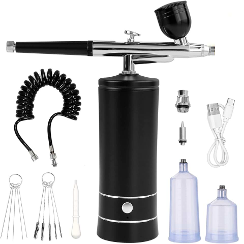 Pistoale si sisteme de vopsit si tencuit - Set Aerograf Airbrush Portabil cu Compresor si Furtun Detasabil HASEPE, Duza 0.3mm, Reincarcabil USB, pentru Manichiura, Pictura, Tatuaje, Ornare Torturi, Negru
