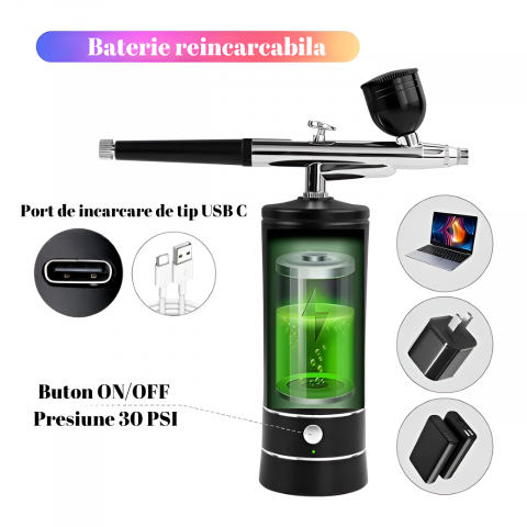Set Aerograf Airbrush Portabil cu Compresor si Furtun Detasabil HASEPE, Duza 0.3mm, Reincarcabil USB, pentru Manichiura, Pictura, Tatuaje, Ornare Torturi, Negru [1]