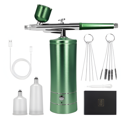Set aerograf portabil cu compresor HASEPE, pulverizator de mana, Duza 0,3mm, fara fir, pentru manichiura, pictura corp, tatuaj semipermanent, ornare torturi, Verde [0]